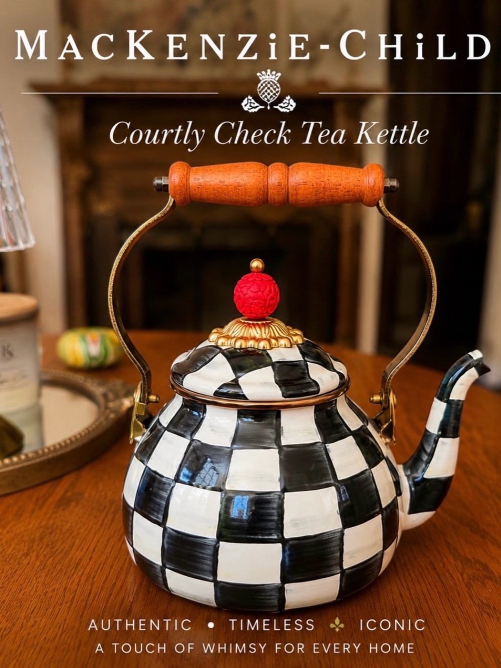 MacKenzie-Childs Courtly Check Tea Kettle in Black, White, Red & Wood-Tone
